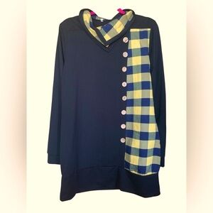 Plaid Long Sleeve Dress - Navy and Yellow